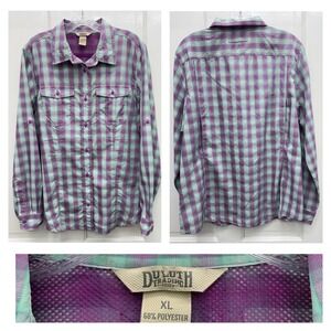 Duluth Trading Co Womens XL Purple Turquoise Plaid Mesh Back Fishing Shirt 74515